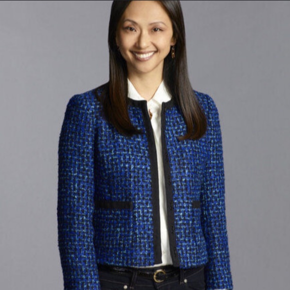 J crew tweeded lady  crop jacket size 2 blue black office career preppy classic - Picture 2 of 11